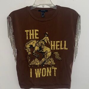 Forever 21 Brown Graphic Tee with Silver Fringe